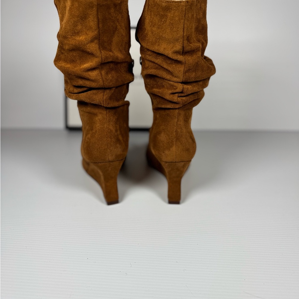 Azalea Wang Asaf Tan Slouch Wedge BootsSuede Pointed Toe Ankle Boot multiple Sz - Picture 5 of 7